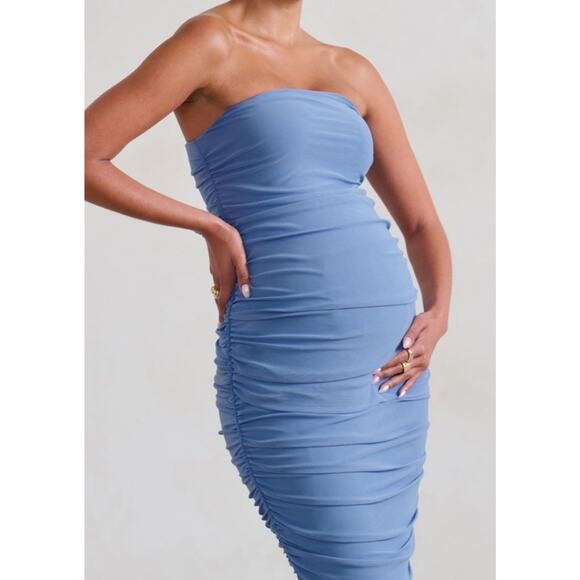 NWT CLUB L LONDON Maternity Blue Strapless Bodycon Ruched Mesh Midi Dress US 8 - Picture 10 of 11